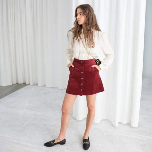 & OTHER STORIES Button Front Corduroy Mini Skirt Sz 2 Burgundy - Picture 1 of 5